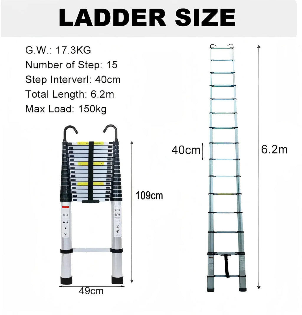 20FT Aluminum Telescopic Ladder with Hooks – Lightweight Heavy-Duty Extension Ladder, Collapsible for RV, Truck & Garage Storage, Multi-Purpose Loft Ladder for Home, Garden & Jobsite – 300lb Weight Capacity