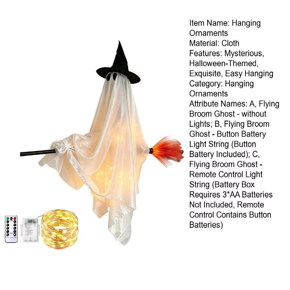 Hanging Ghost with Broom Halloween Decoration, Light Options