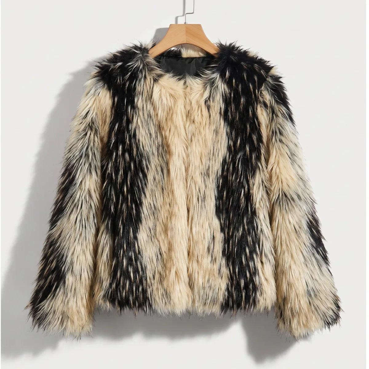 Women Black & Beige Two-Tone Fur Fluffy Cropped Jacket, Open Front Collarless Side Pockets, Winter Warm Casual Street Outerwear