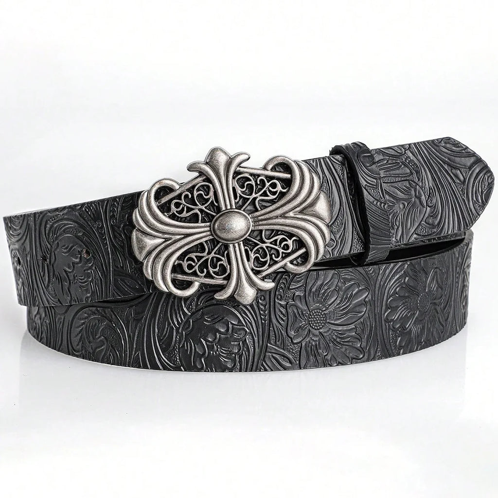 Retro Hollow Buckle PU Leather Belt - Vintage Punk Y2K Boho Style, Unisex, Black, 110cm / 120cm / 130cm