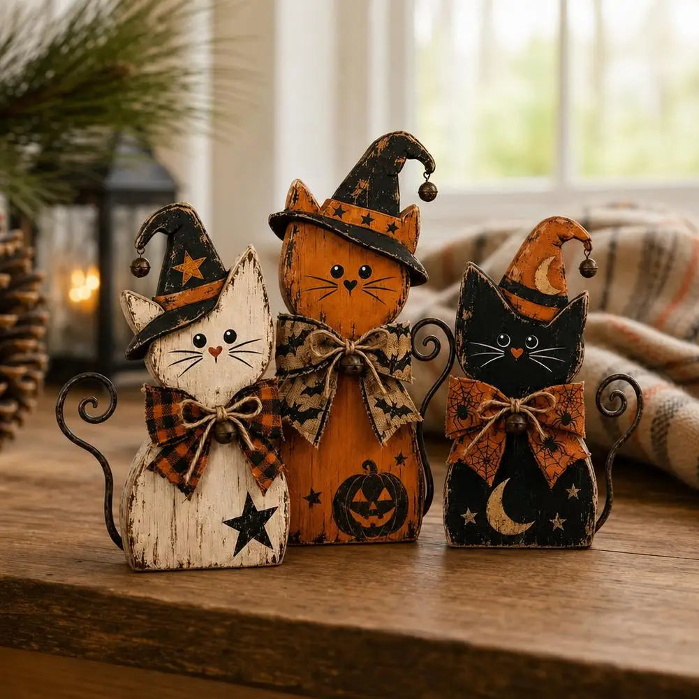 Halloween Wooden Cat Ornament Set, White, Orange and Black
