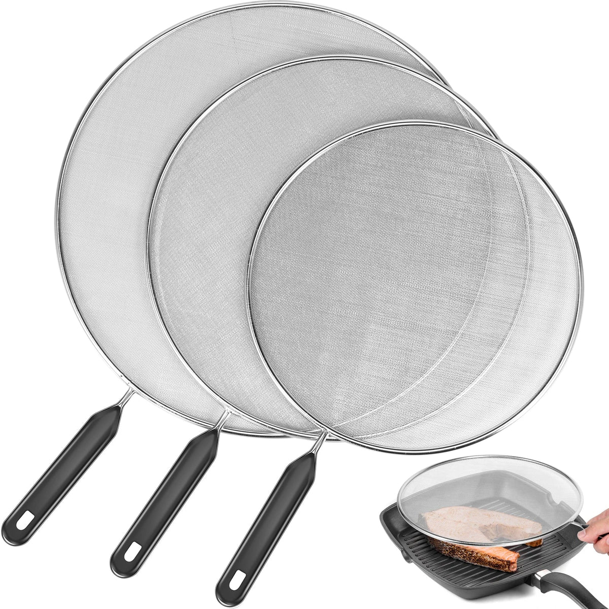 3Pcs Splatter Guard with Handle Stainless Steel Mesh Splatter Screen Splash-Proof Oil Splatter Temperature Resistant for Cooking
