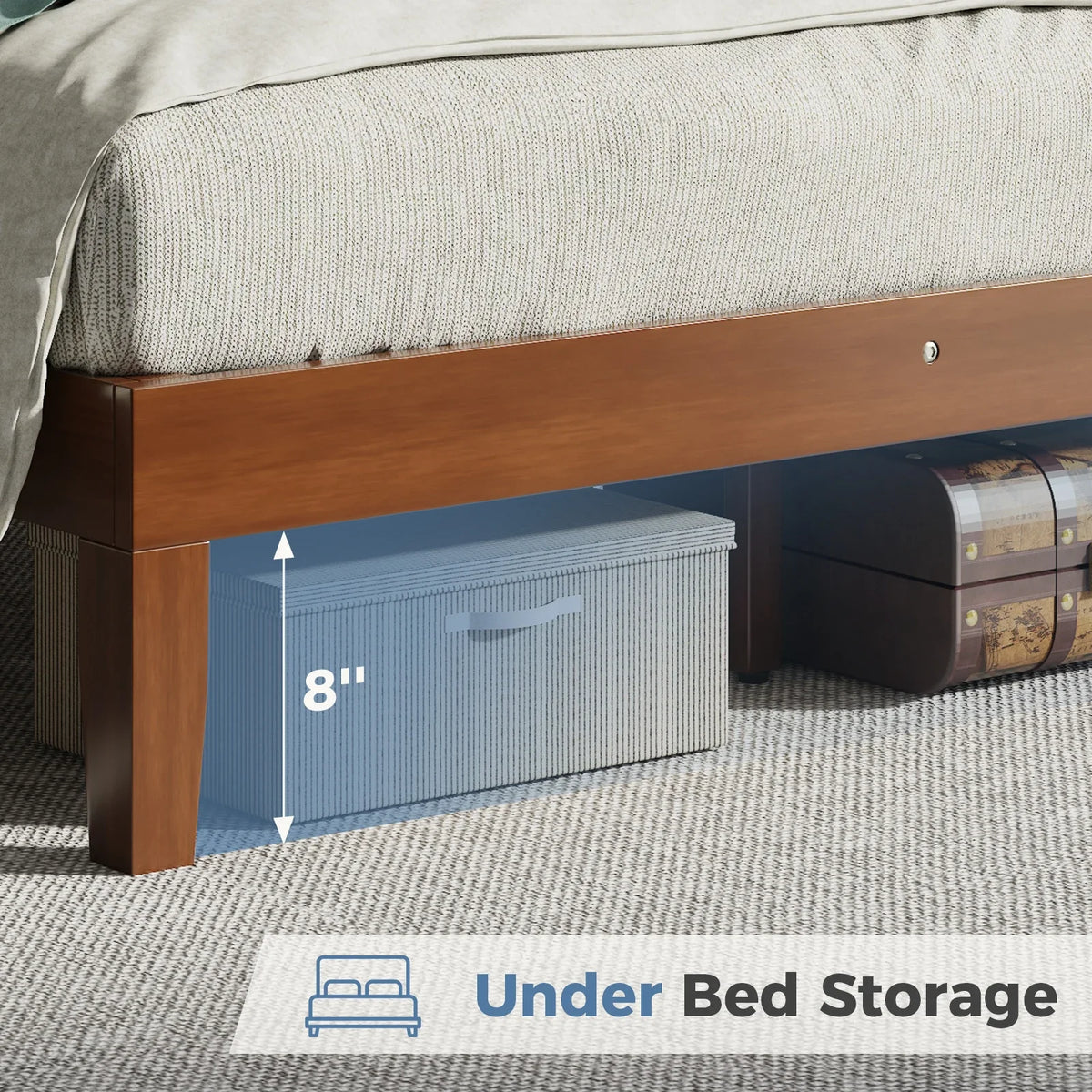 MCQ Pine Wood Platform Bed Frame with Slatted Headboard - 800lb Rated, 8" Under-Bed Clearance, No Box Spring, Twin / Full / Queen / King