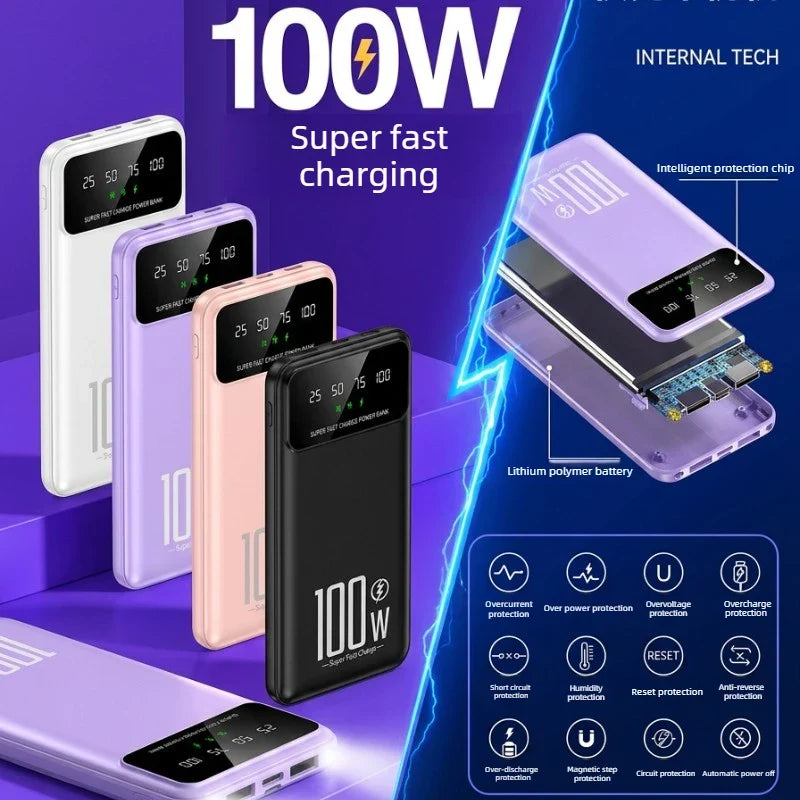 20000mAh Digital Display Power Bank 100W High Speed Fast Charger With LED Light Portable External Battery For All Smart Phones
