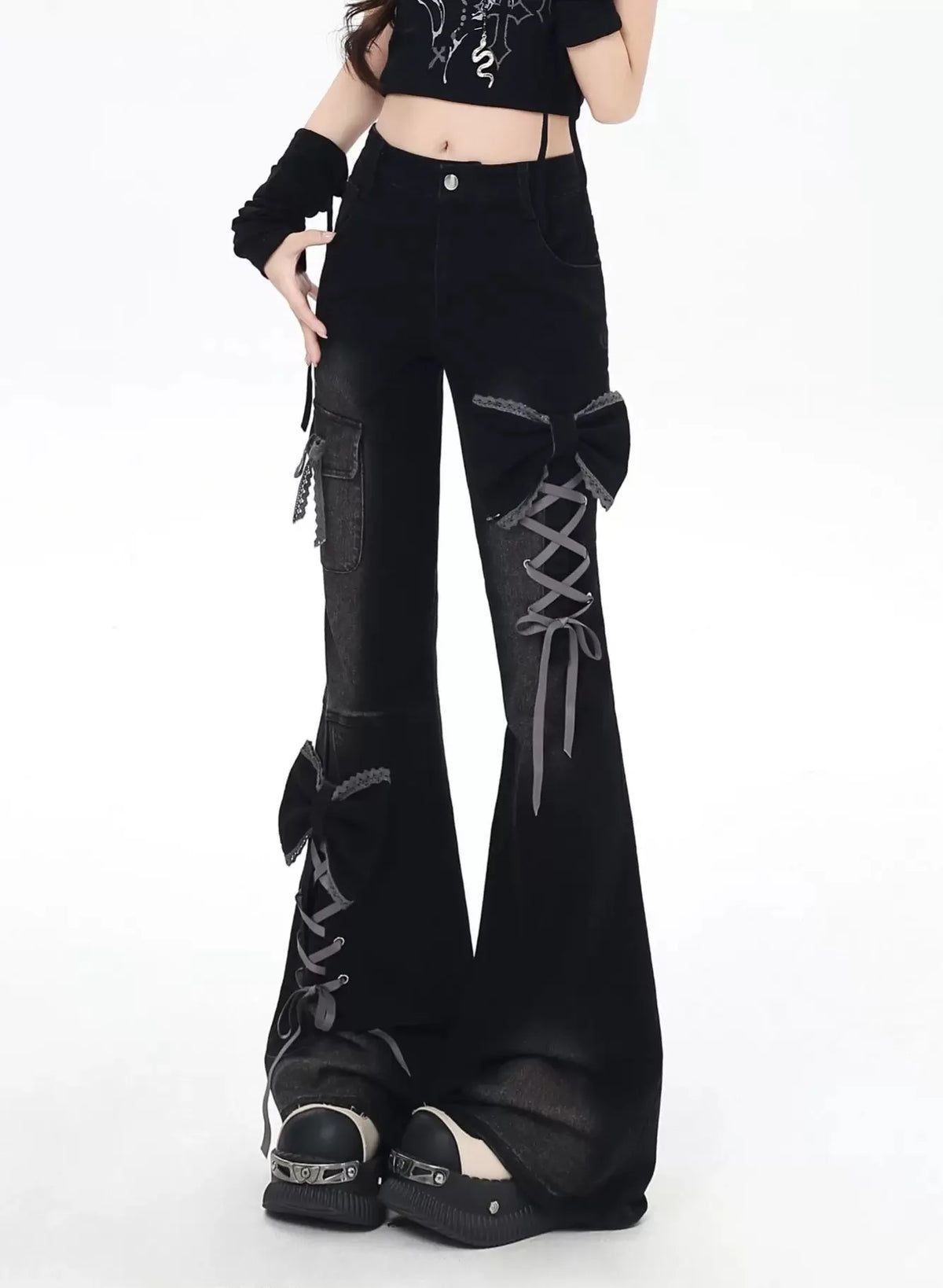 Y2K Bow Jeans Women 3D Design High Waist Slim Fit Flared Pants Spicy Girl
