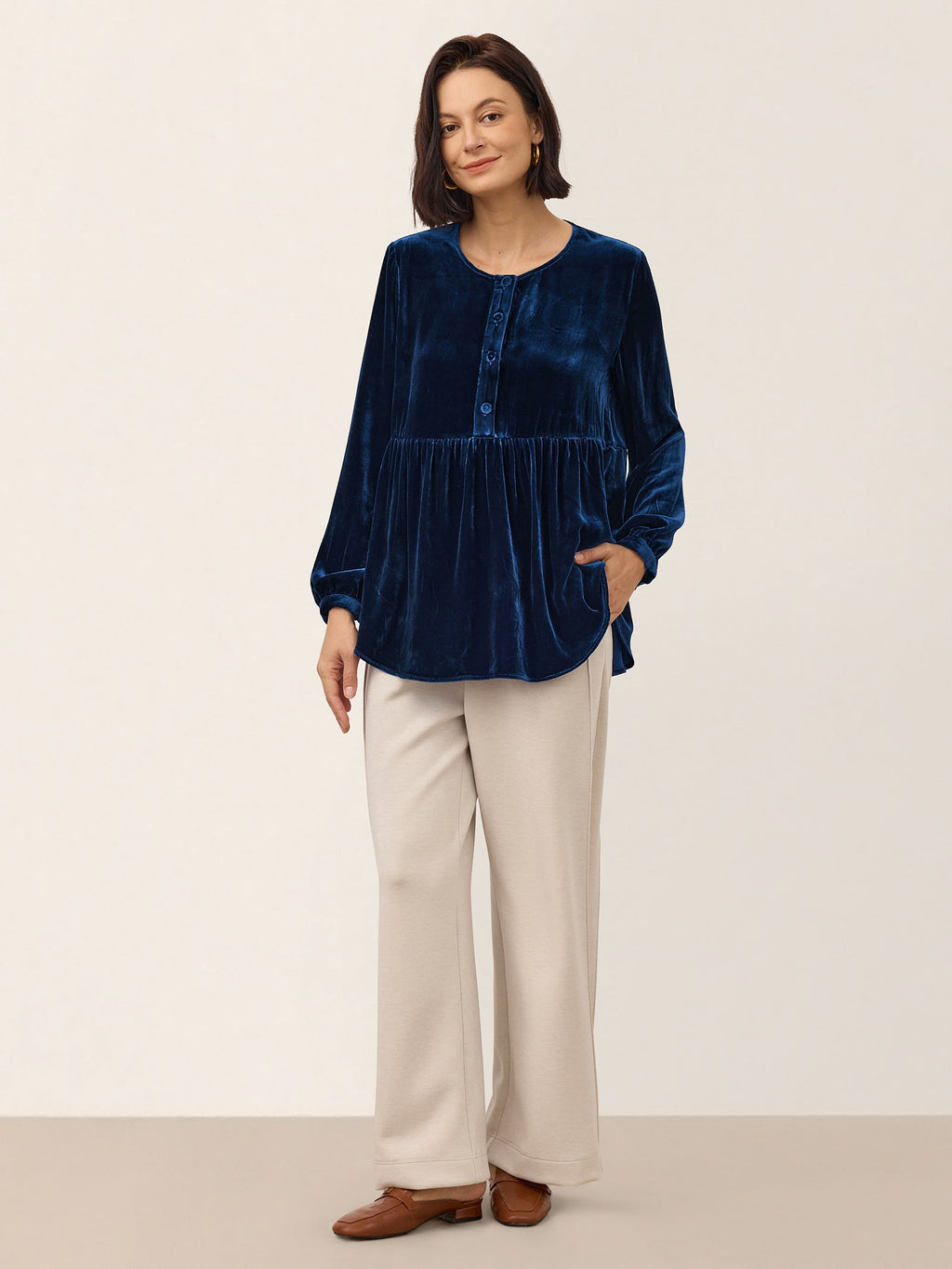 100% Silk Velvet Gathered Waist Half Placket Top MIRELLE
