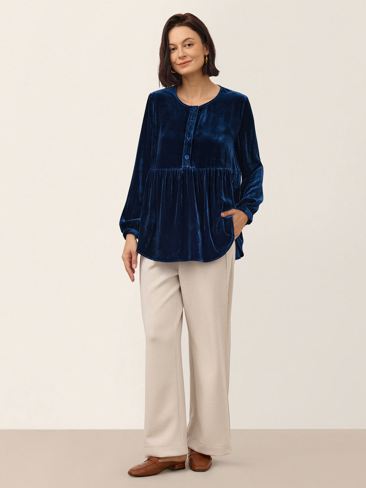 100% Silk Velvet Gathered Waist Half Placket Top MIRELLE