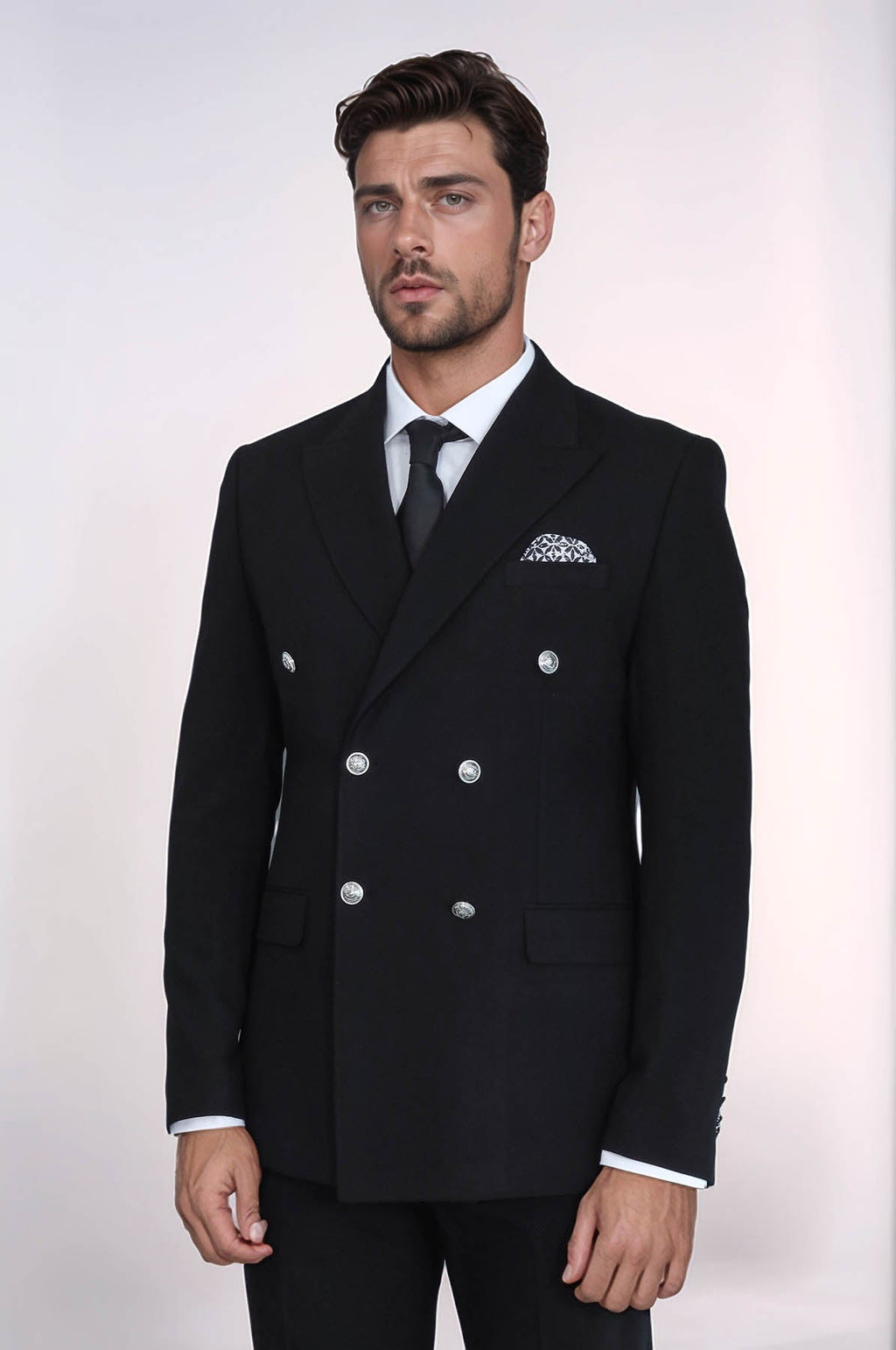 Modern Fit Double-Breasted Black Men’s Suit with Silver-Tone Metal Buttons – Wessi