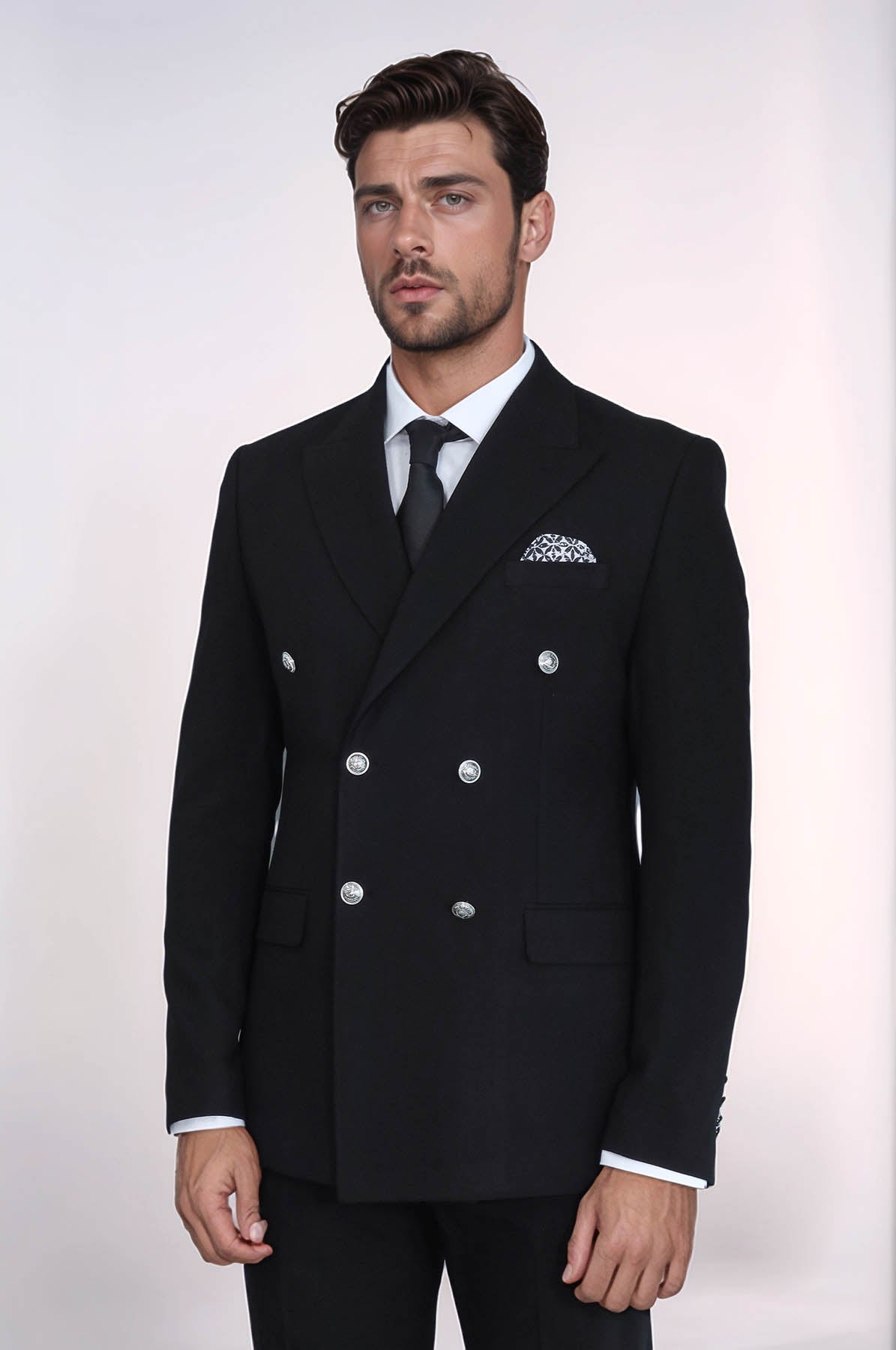 Modern Fit Double-Breasted Black Men’s Suit with Silver-Tone Metal Buttons – Wessi