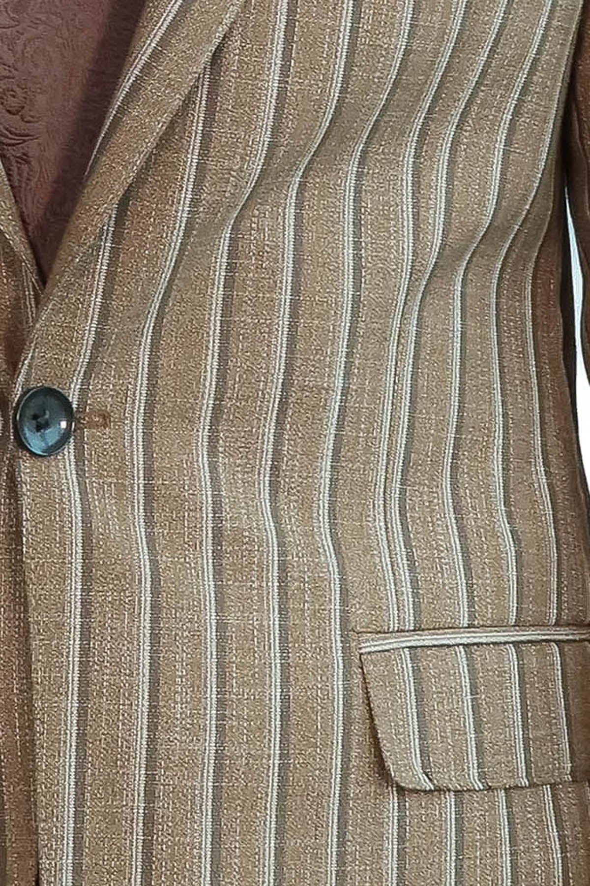 Striped Blazer Plain Pants Light Brown Men Suit - Wessi