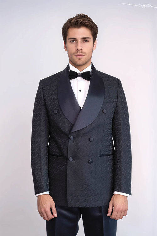 Satin Shawl Collar Patterned Double Breasted Black Men Tuxedo Suit - Wessi