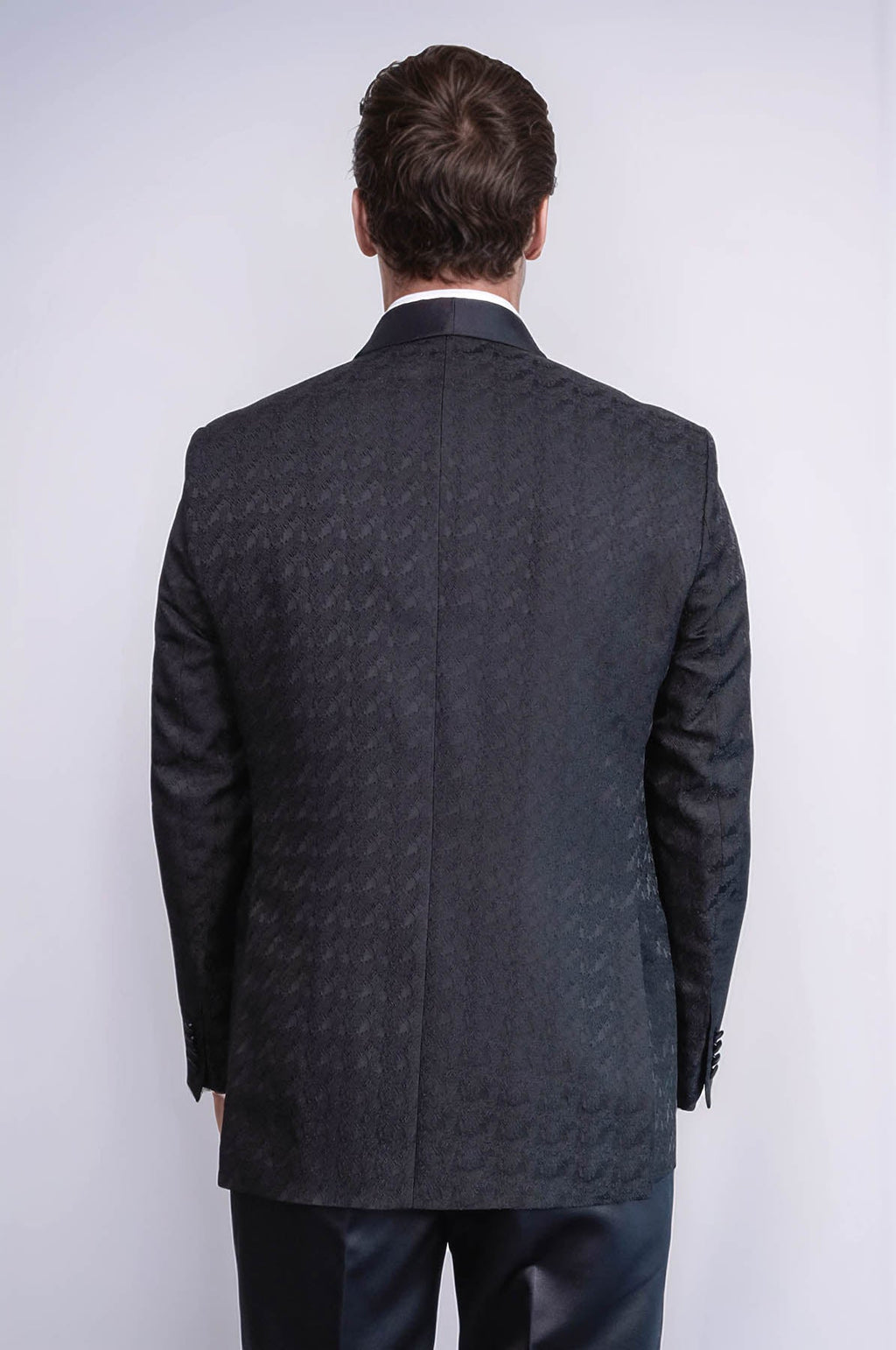 Satin Shawl Collar Patterned Double Breasted Black Men Tuxedo Suit - Wessi