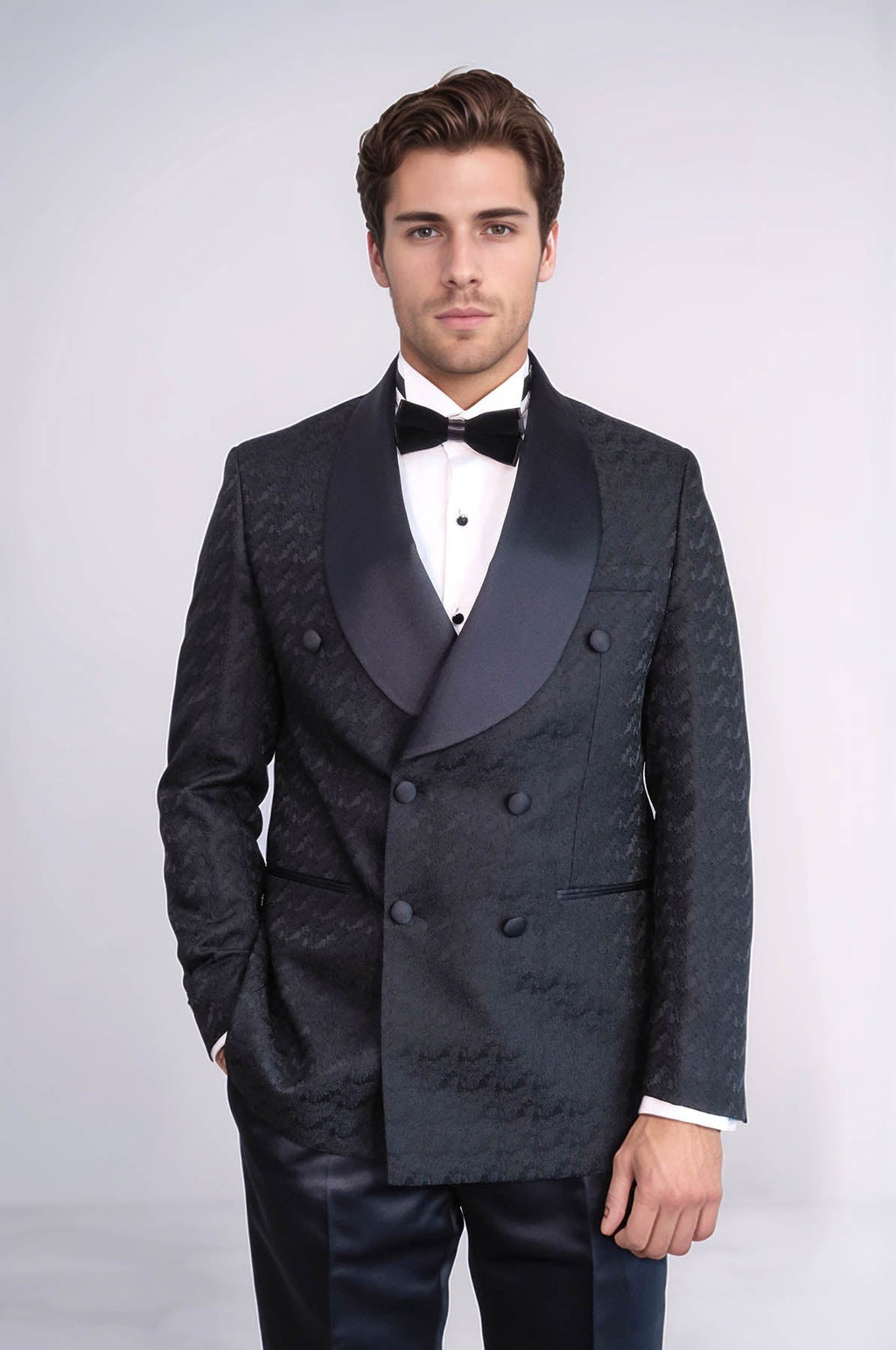Satin Shawl Collar Patterned Double Breasted Black Men Tuxedo Suit - Wessi