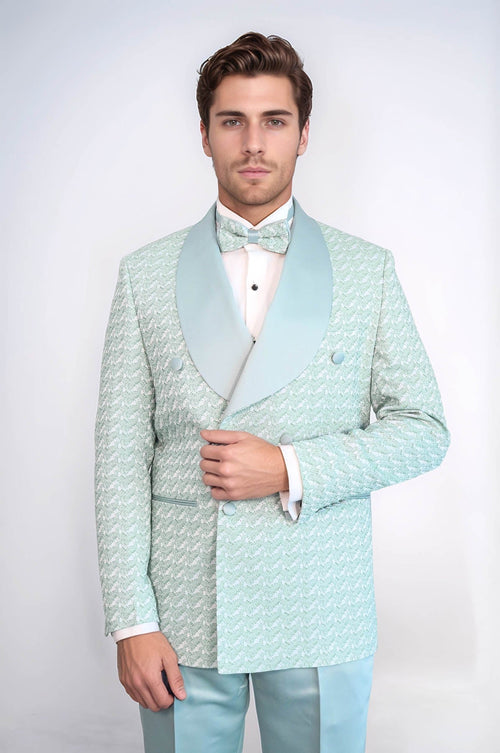 Satin Shawl Collar Patterned Double Breasted Sage Green Men Tuxedo Suit - Wessi