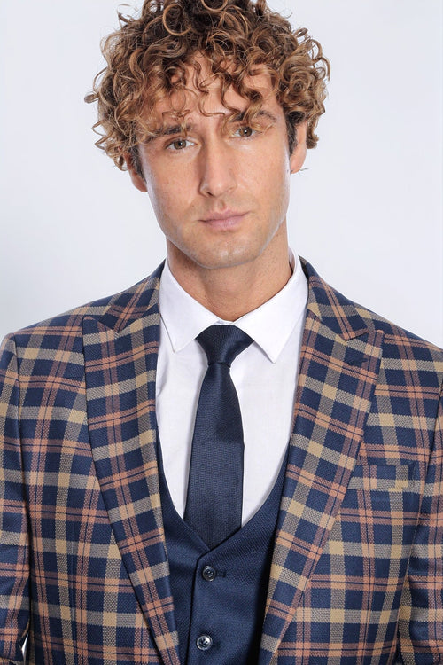 Checked Blazer Slim Fit Navy Blue Men Suit - Wessi