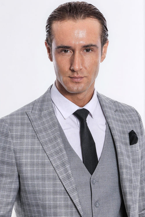 Checked Slim Fit Light Grey Men Suit - Wessi