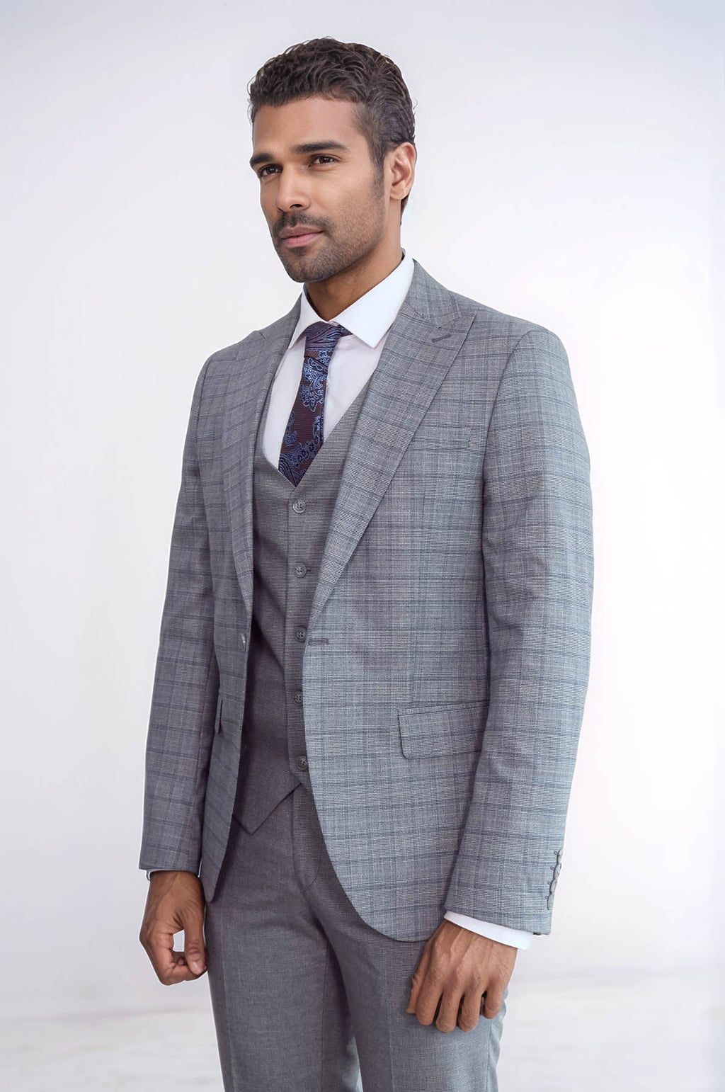 Checked Slim Fit Grey Men Suit - Wessi