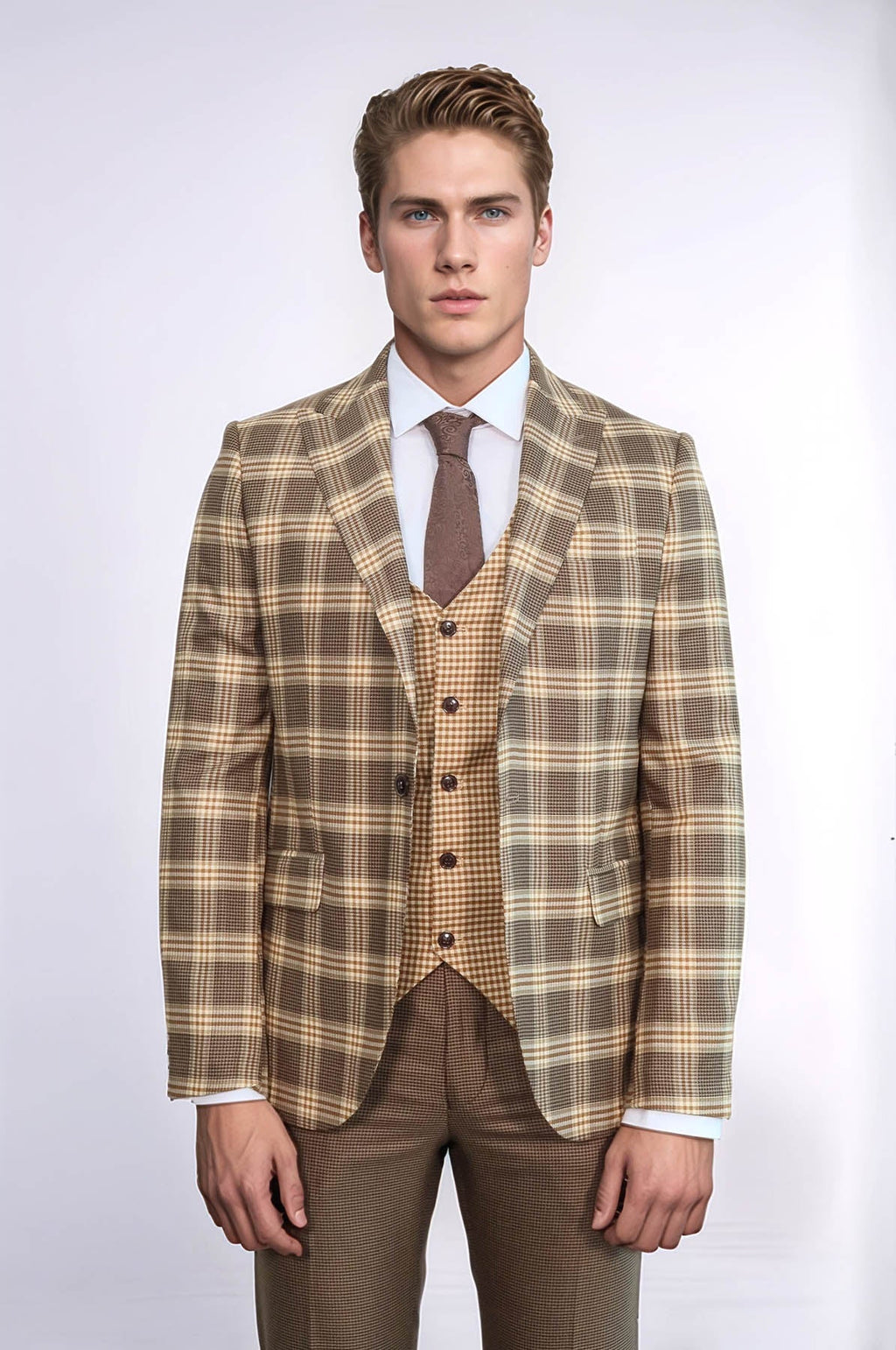 Slim Fit Patterned Checked Light Brown Men Suit - Wessi