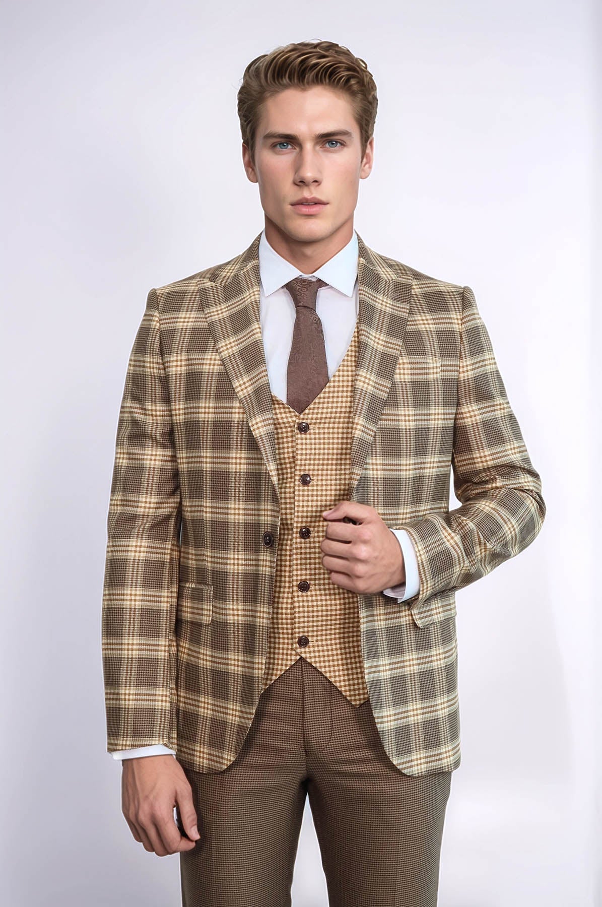 Slim Fit Patterned Checked Light Brown Men Suit - Wessi