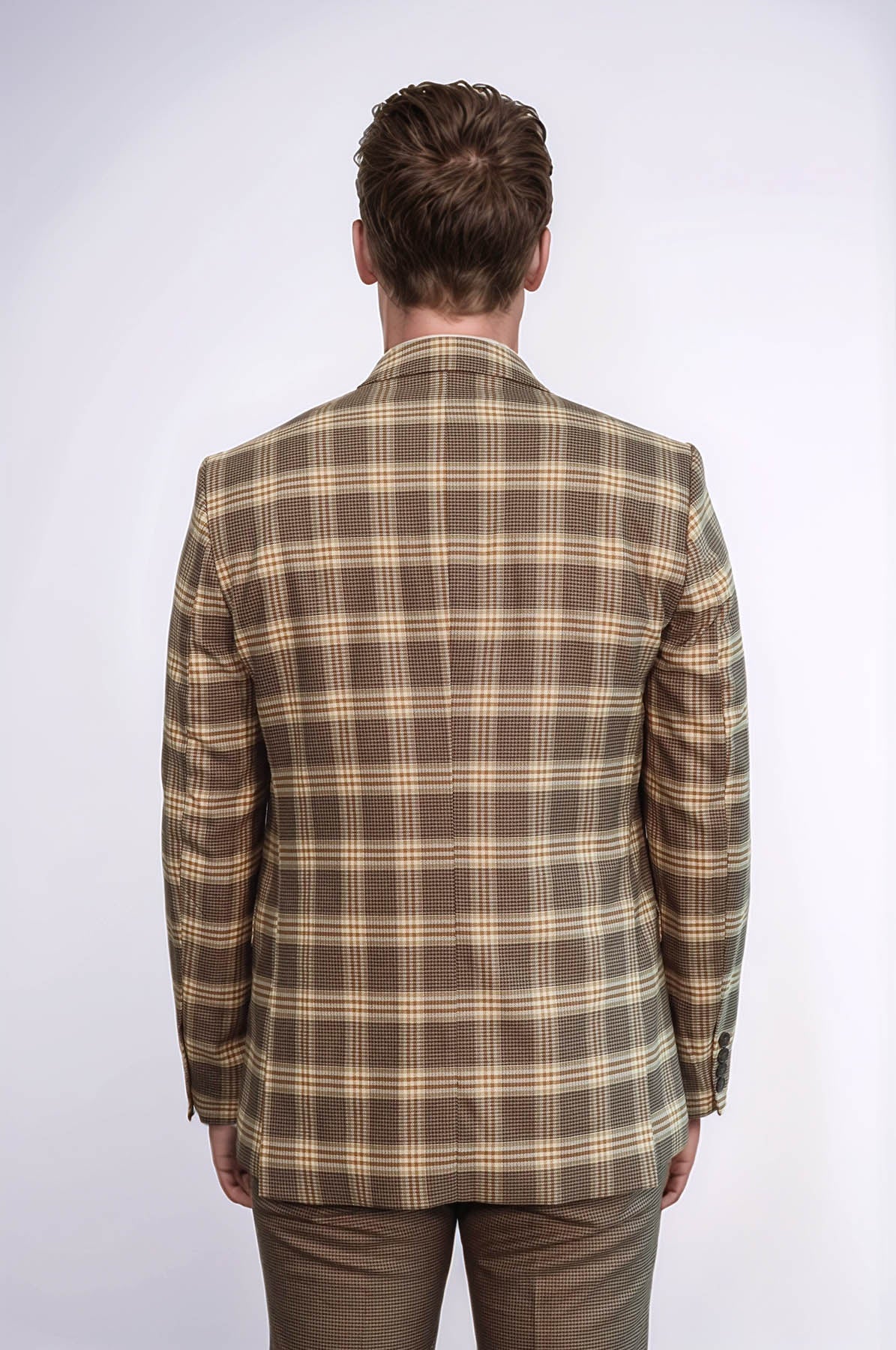 Slim Fit Patterned Checked Light Brown Men Suit - Wessi