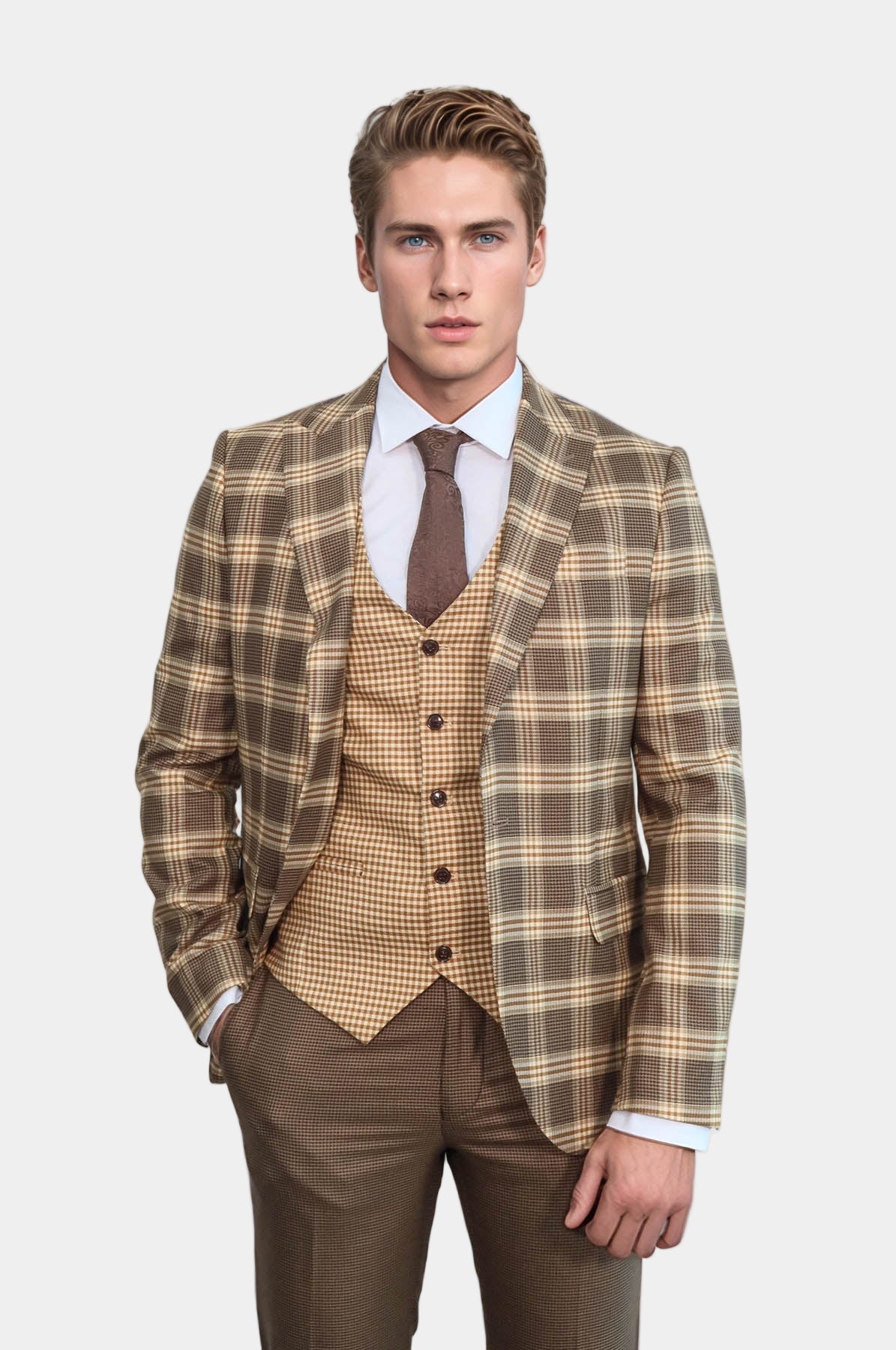 Slim Fit Patterned Checked Light Brown Men Suit - Wessi
