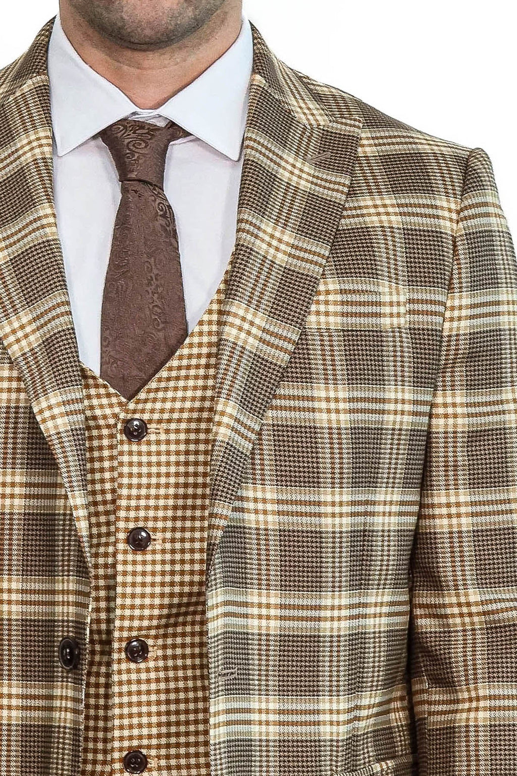 Slim Fit Patterned Checked Light Brown Men Suit - Wessi