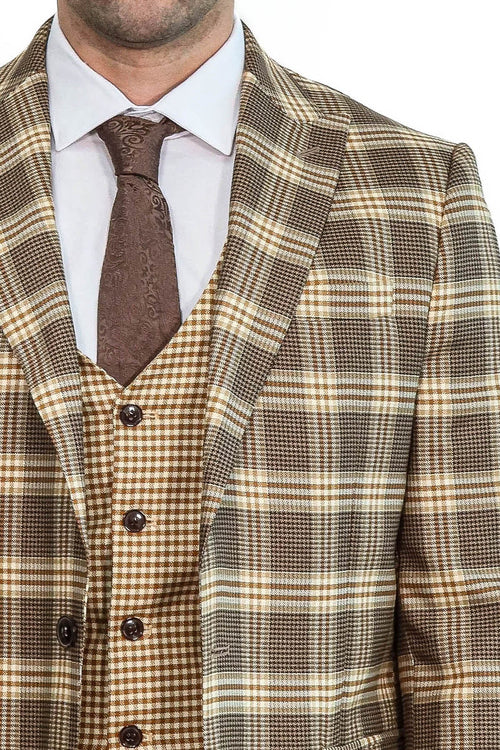 Slim Fit Patterned Checked Light Brown Men Suit - Wessi