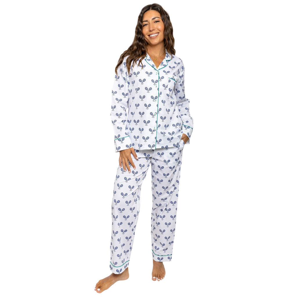 Women's Tennis Navy Long PJ Set - Organic Cotton Poplin