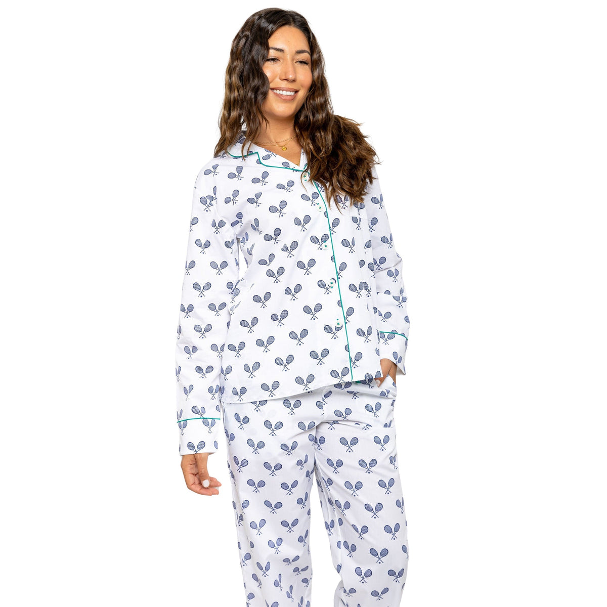 Women's Tennis Navy Long PJ Set - Organic Cotton Poplin