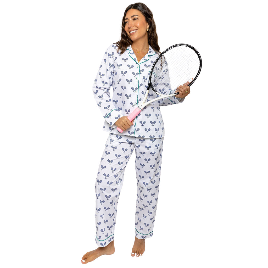 Women's Tennis Navy Long PJ Set - Organic Cotton Poplin