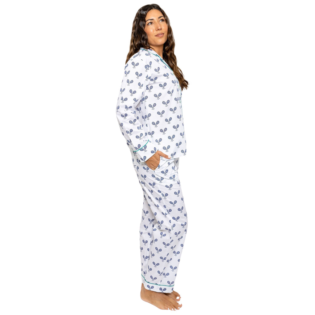 Women's Tennis Navy Long PJ Set - Organic Cotton Poplin