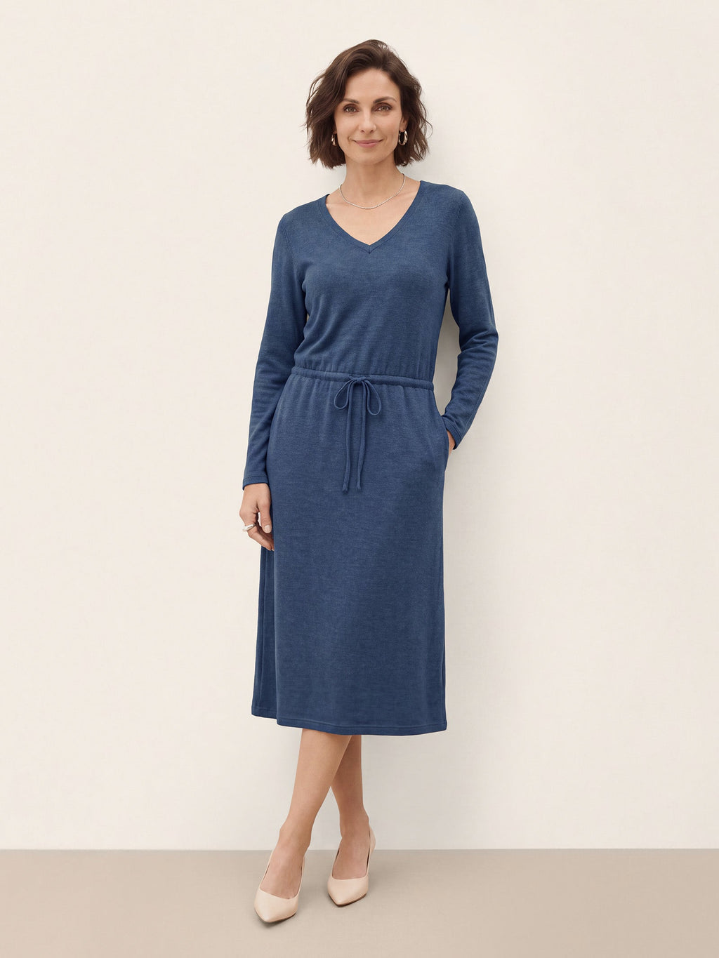 Wool V Neck Drawstring Waist Knit Midi Dress NOEMIE