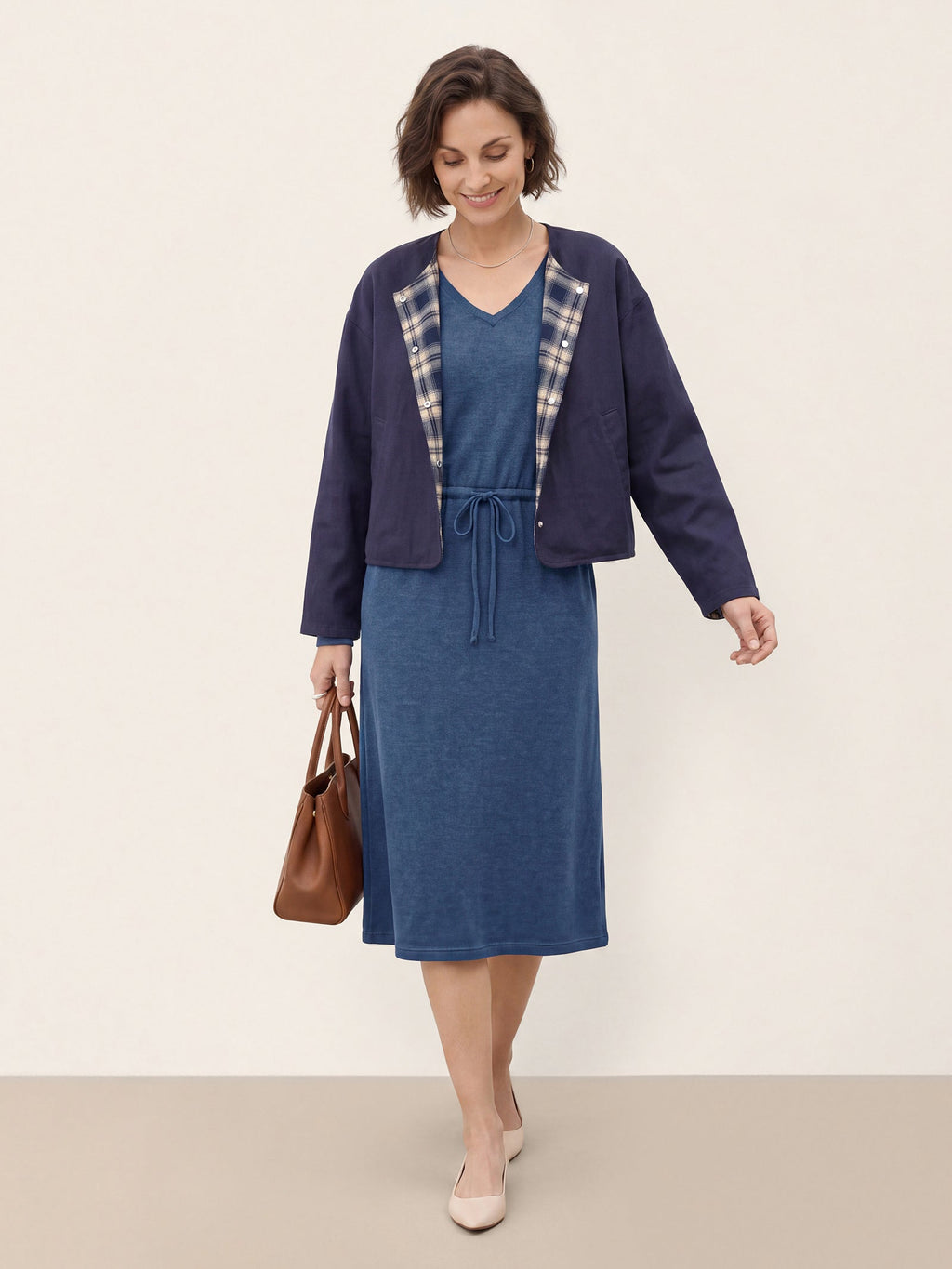 Wool V Neck Drawstring Waist Knit Midi Dress NOEMIE
