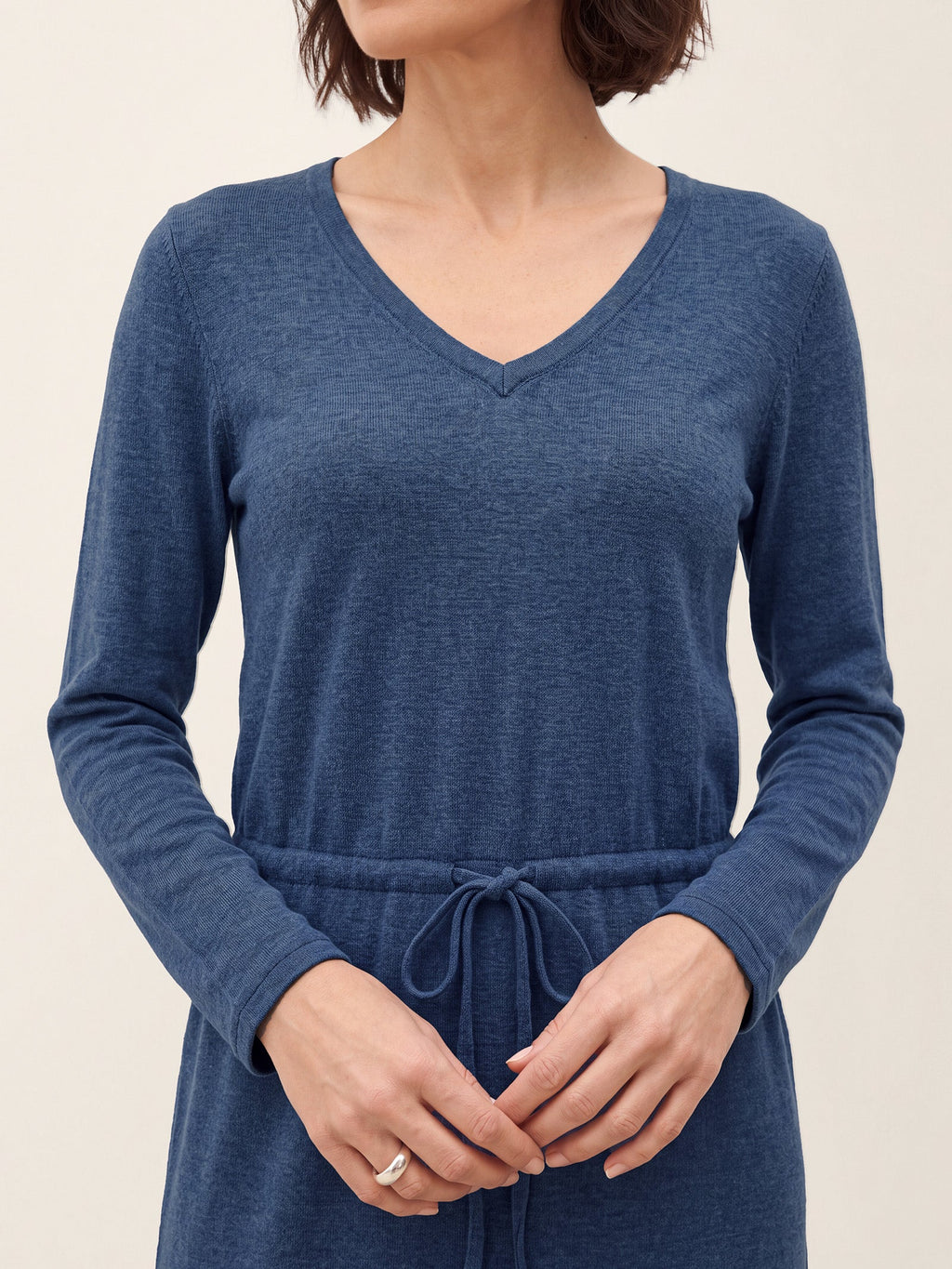 Wool V Neck Drawstring Waist Knit Midi Dress NOEMIE