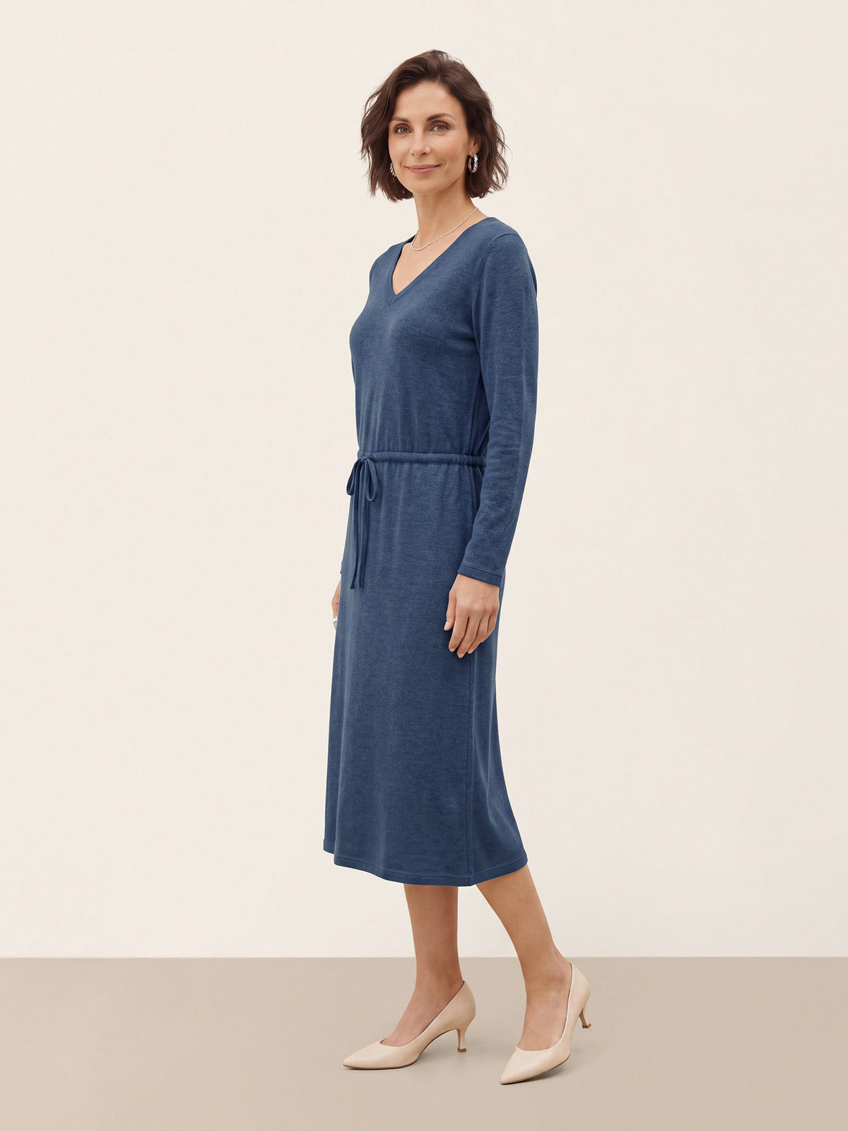 Wool V Neck Drawstring Waist Knit Midi Dress NOEMIE