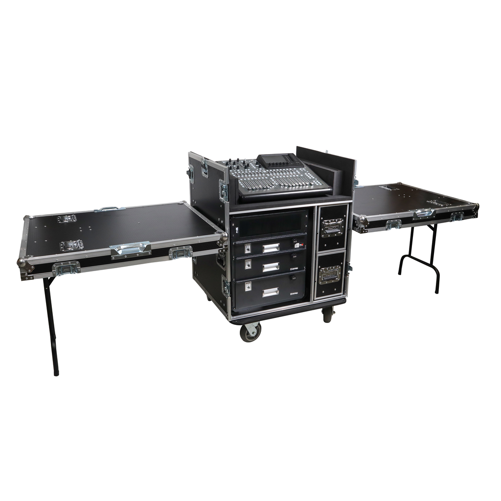 ProX XS-BRANCO12U2DW - BRANCO ATA Flight Style FOH Mixing Console Case 12U Shockproof Rack 2 Drawer 2 Side Tables & 4 Locking Casters