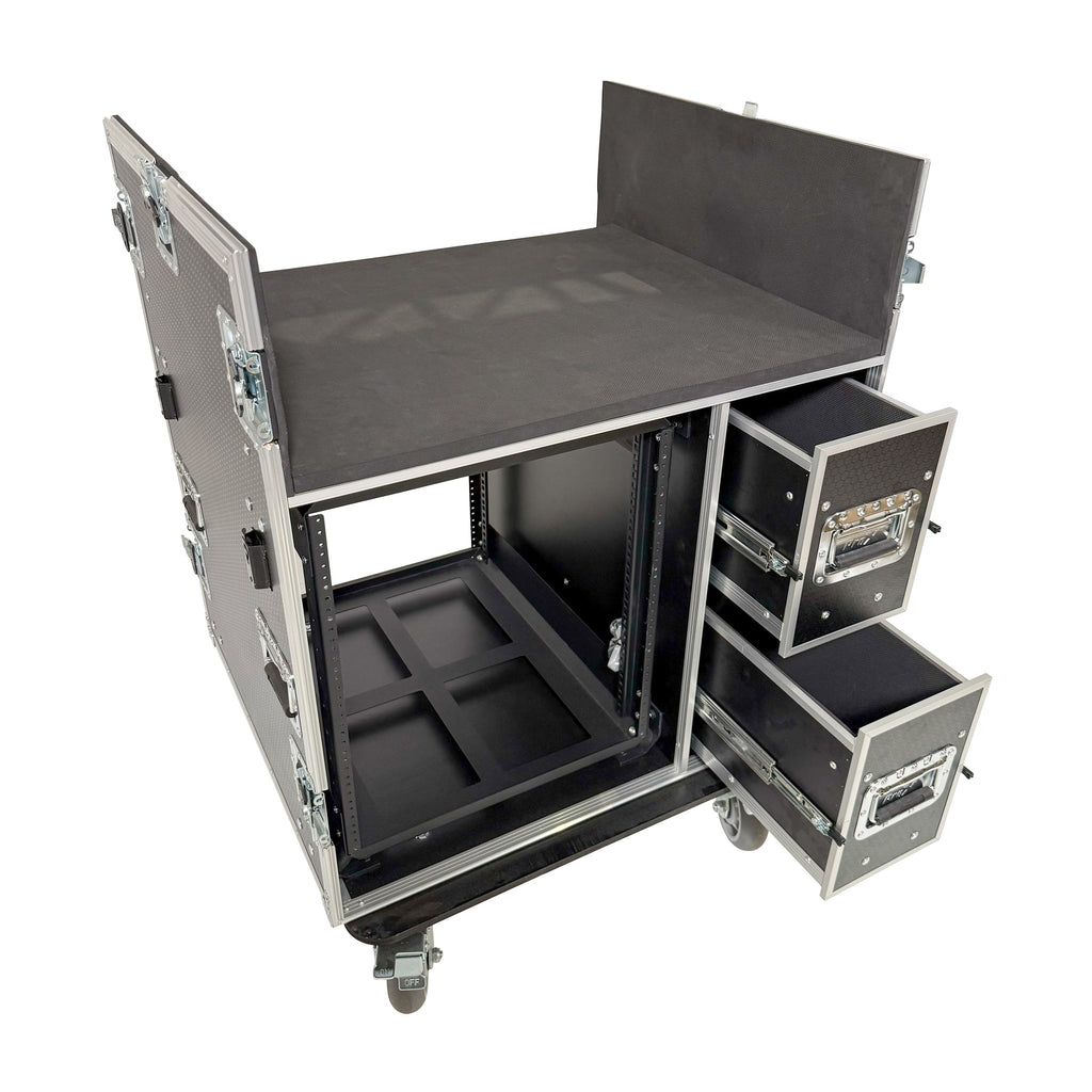 ProX XS-BRANCO12U2DW - BRANCO ATA Flight Style FOH Mixing Console Case 12U Shockproof Rack 2 Drawer 2 Side Tables & 4 Locking Casters