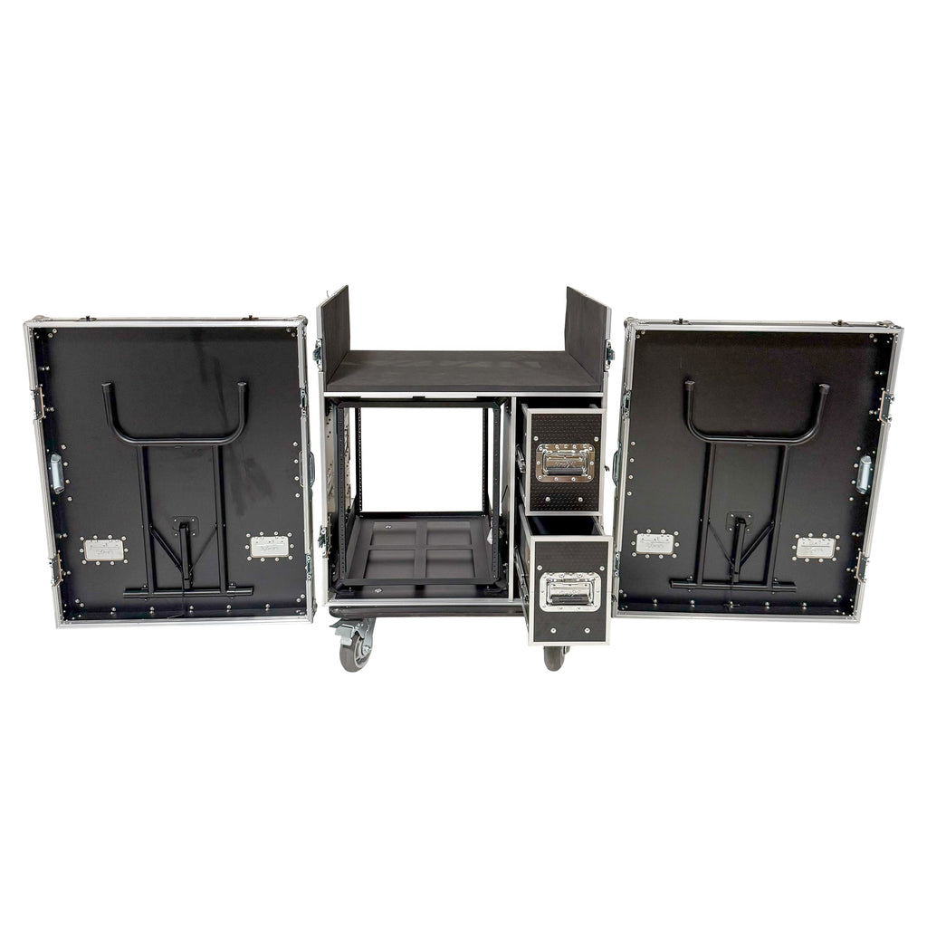 ProX XS-BRANCO12U2DW - BRANCO ATA Flight Style FOH Mixing Console Case 12U Shockproof Rack 2 Drawer 2 Side Tables & 4 Locking Casters