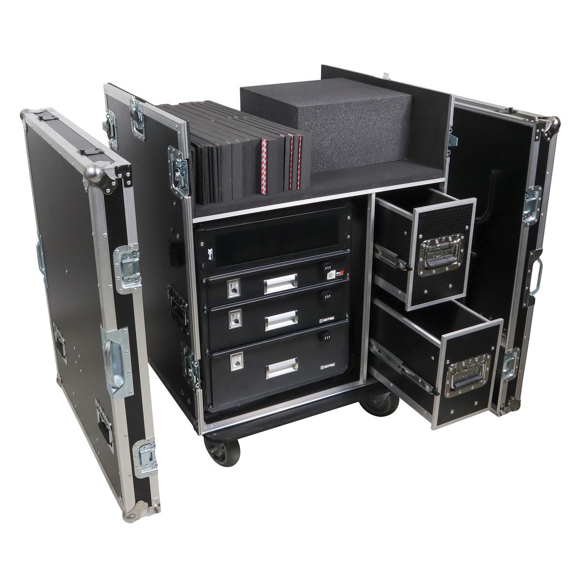 ProX XS-BRANCO12U2DW - BRANCO ATA Flight Style FOH Mixing Console Case 12U Shockproof Rack 2 Drawer 2 Side Tables & 4 Locking Casters
