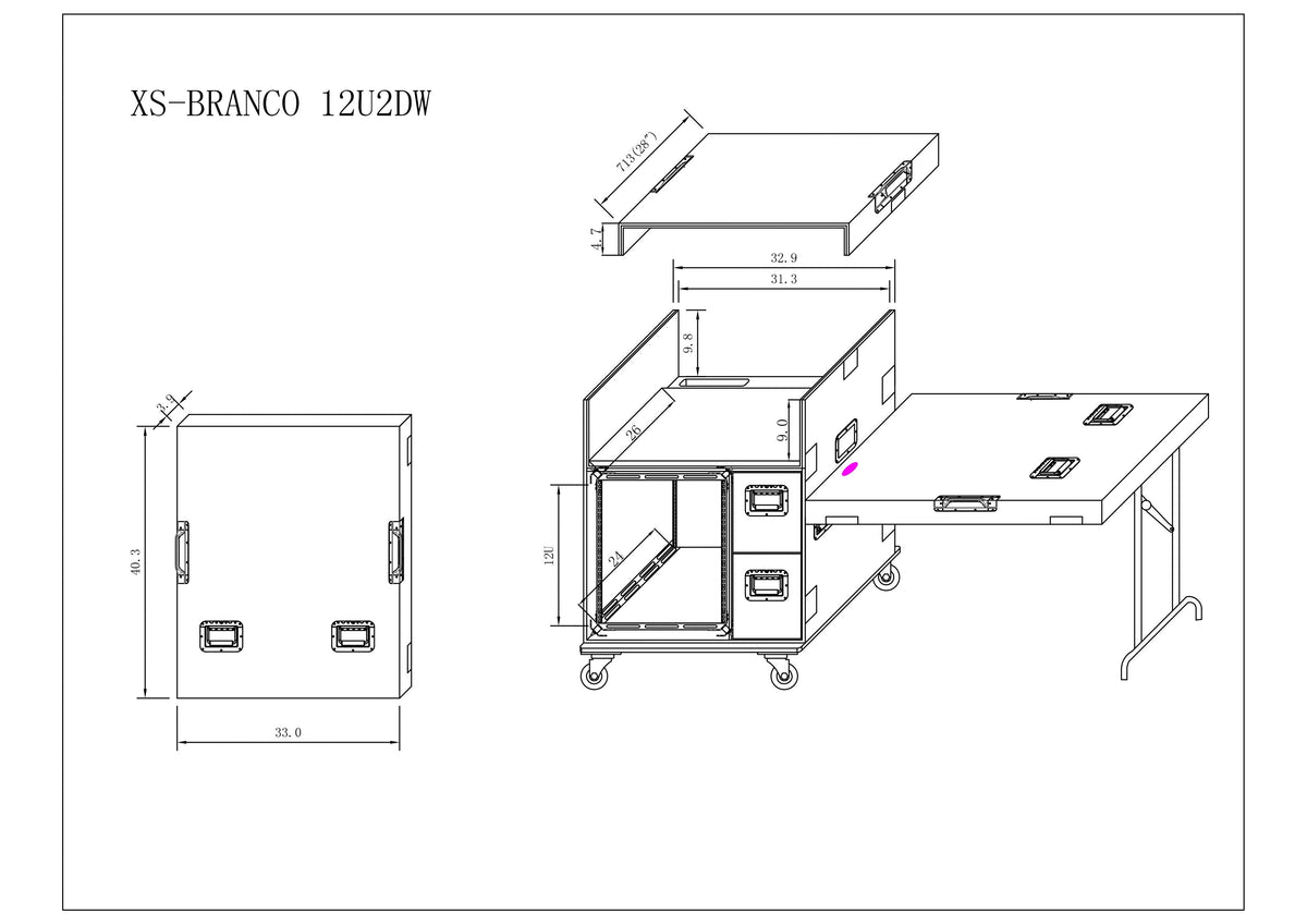 ProX XS-BRANCO12U2DW - BRANCO ATA Flight Style FOH Mixing Console Case 12U Shockproof Rack 2 Drawer 2 Side Tables & 4 Locking Casters