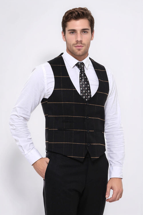 Checked V Neck Black Vest - Wessi