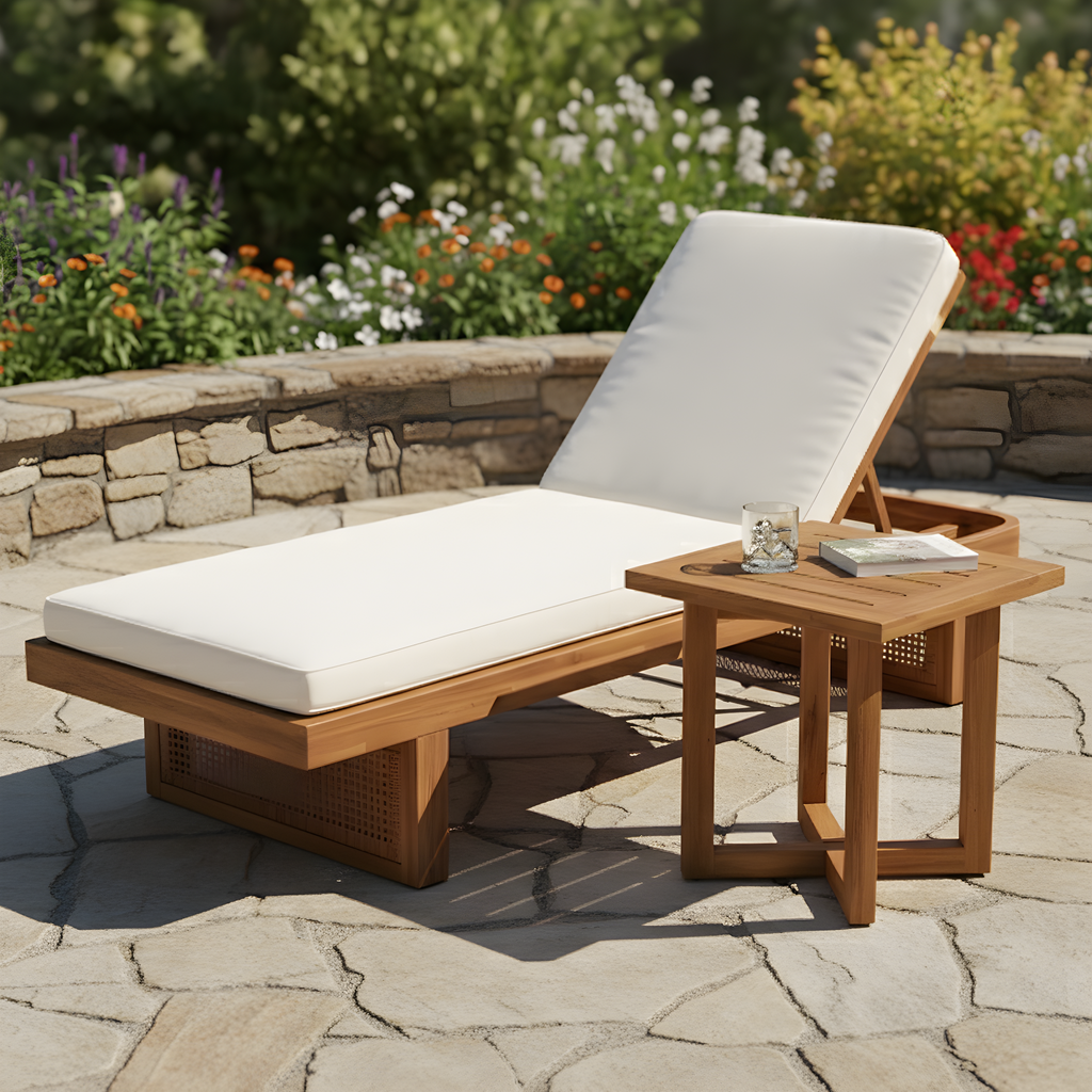 Acacia Wood Lounger with PE Rattan & Cross-Stretcher Side Table Set