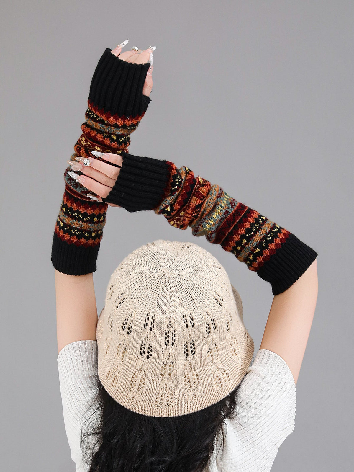 Boho Short Knit Fingerless Thermal Gloves Arm Warmer For Girls Women
