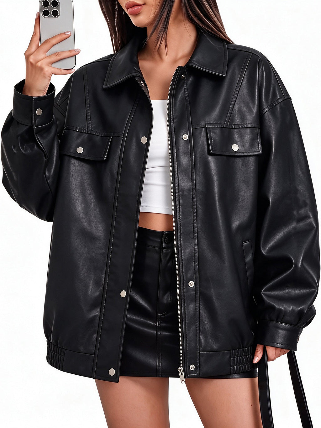 Cross-border European Size Women's PU Leather Short Slim-fit Jacket Spring And Autumn Thin Biker Suit Vertical Collar Jacket Fashion Women's Clothing