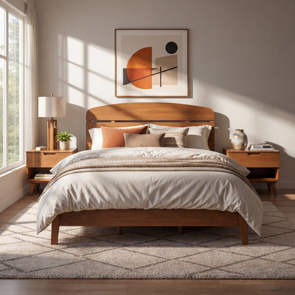 Queen Size Solid Wood Platform Bed with Curved Headboard