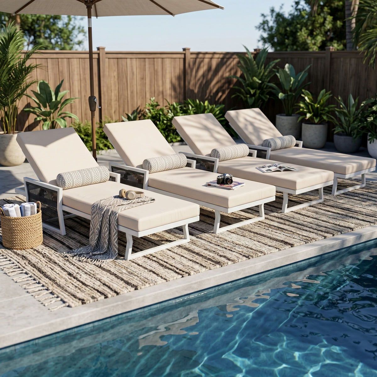 White Iron Outdoor Chaise Lounger Set