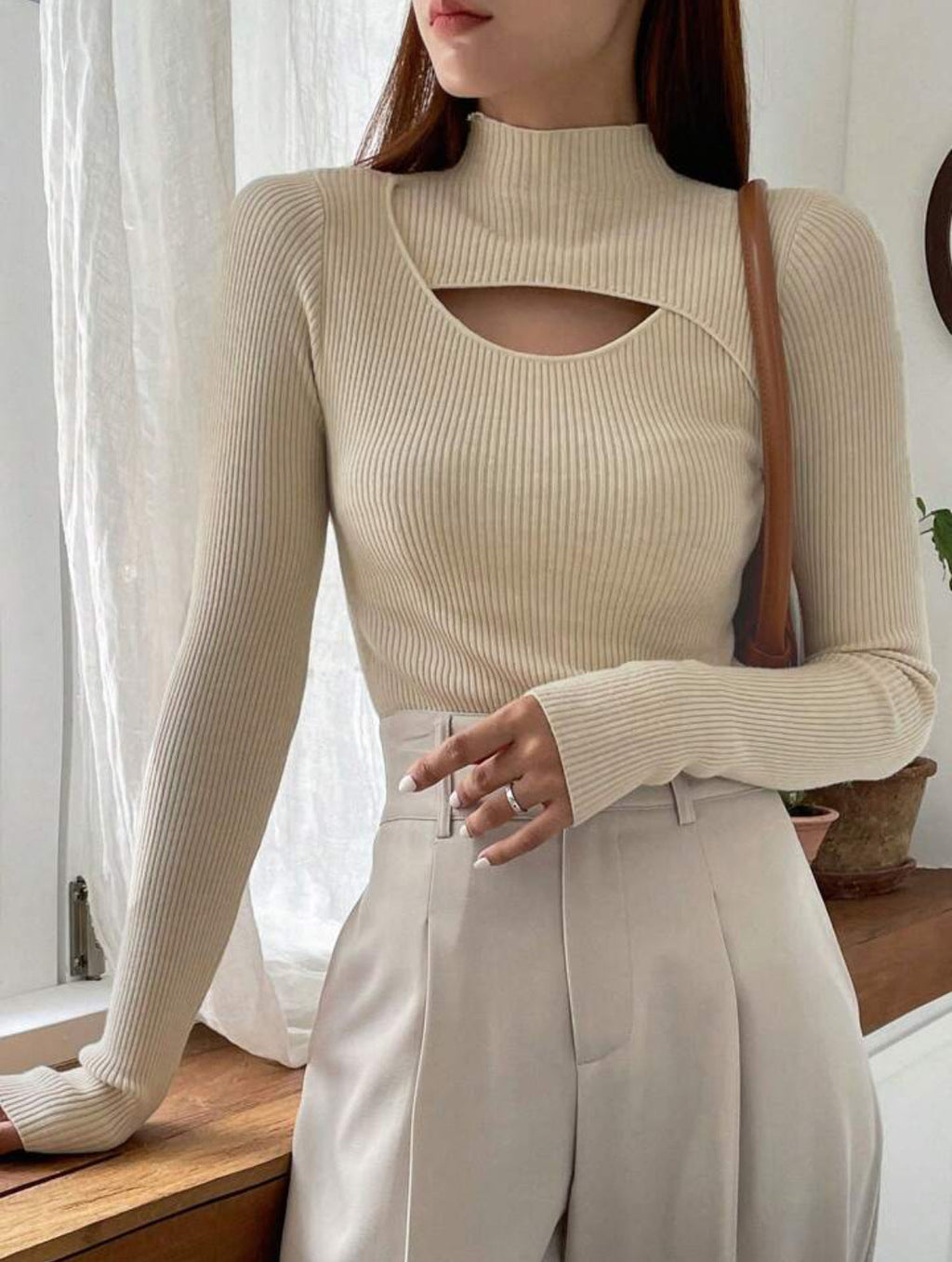 Women's Hollow-out Knit Sweater Mock Neck Sweater