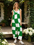 Women Green White Checkerboard Tie Strap Overalls, Loose Wide Leg Casual Jumpsuit With Pockets
