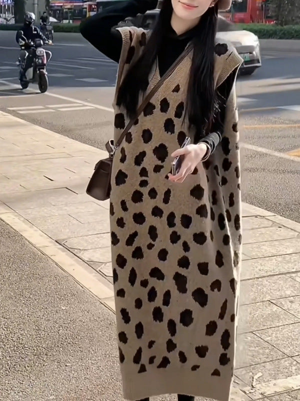 Womens Relaxed-fit Leopard-print Knitted Fashion Midi Vest Dress