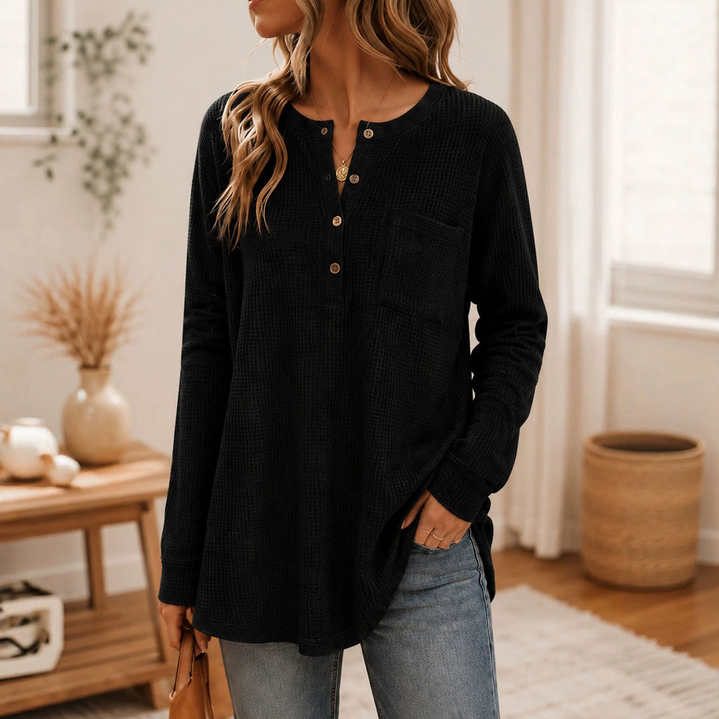 Anno Fashion New Solid Waffle Knit Long Sleeve Top With Pockets & Buttons